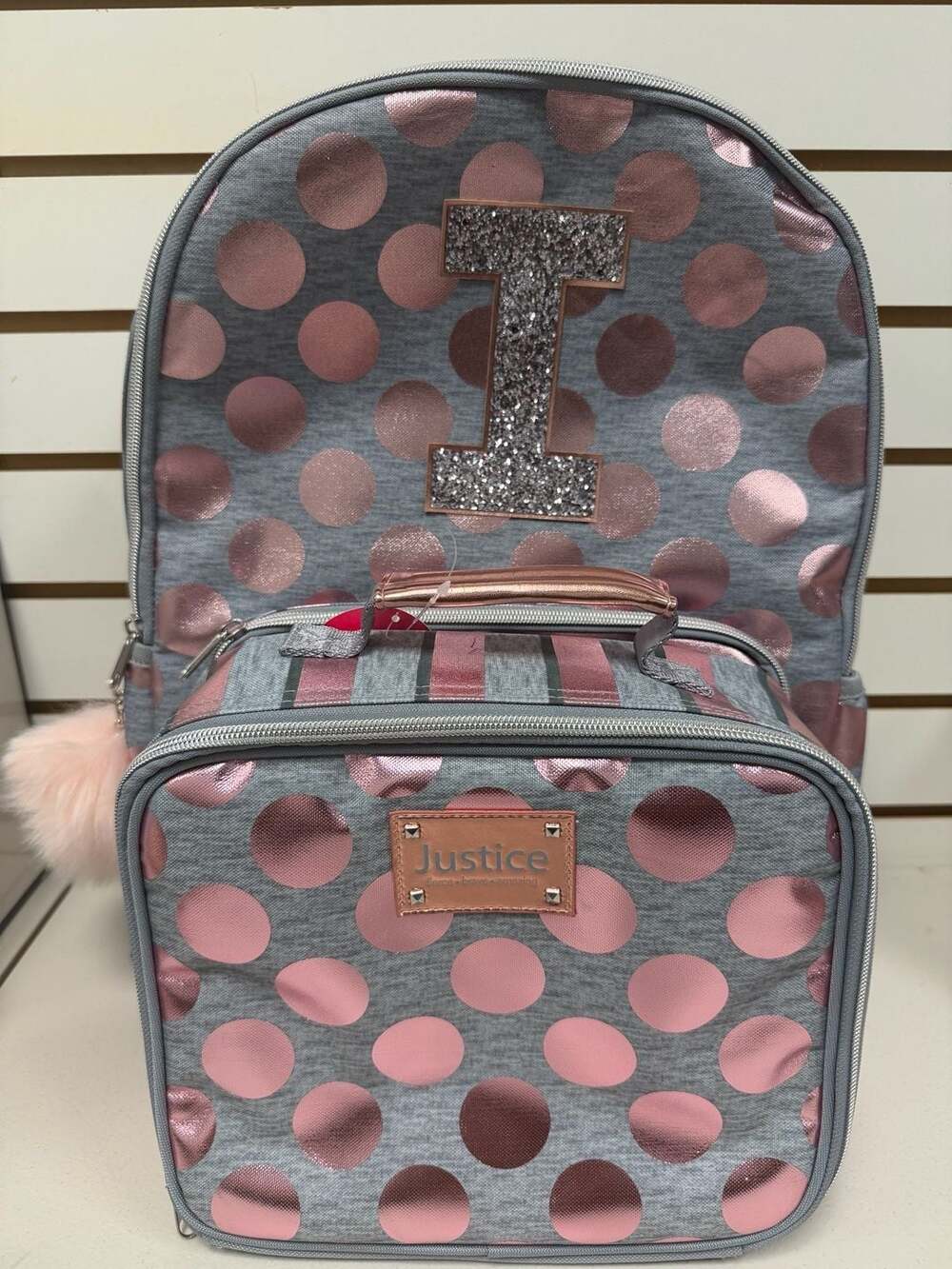 Justice  Rose Gold Foil Polka Dot Initial I Backpack  & Lunch Tote NEW